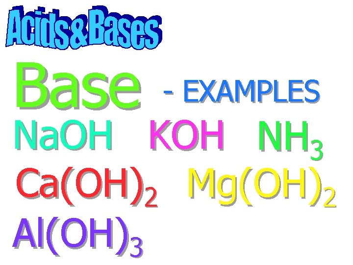 Base - EXAMPLES Na. OH KOH NH 3 Ca(OH)2 Mg(OH)2 Al(OH)3 
