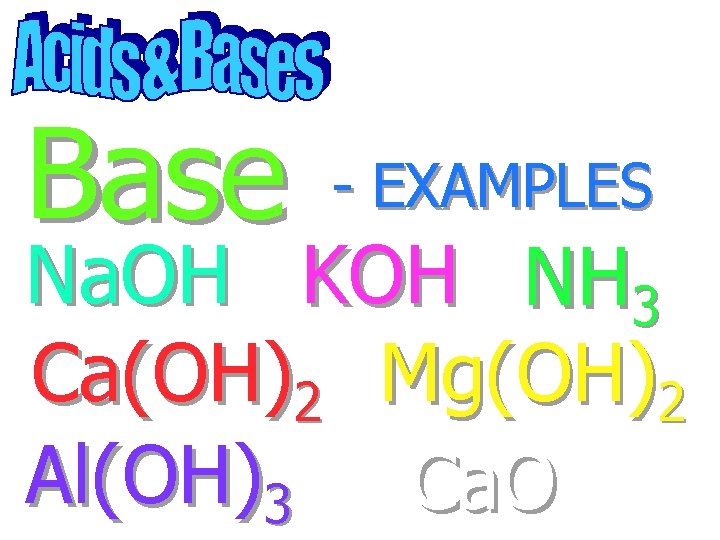 Base - EXAMPLES Na. OH KOH NH 3 Ca(OH)2 Mg(OH)2 Al(OH)3 Ca. O 