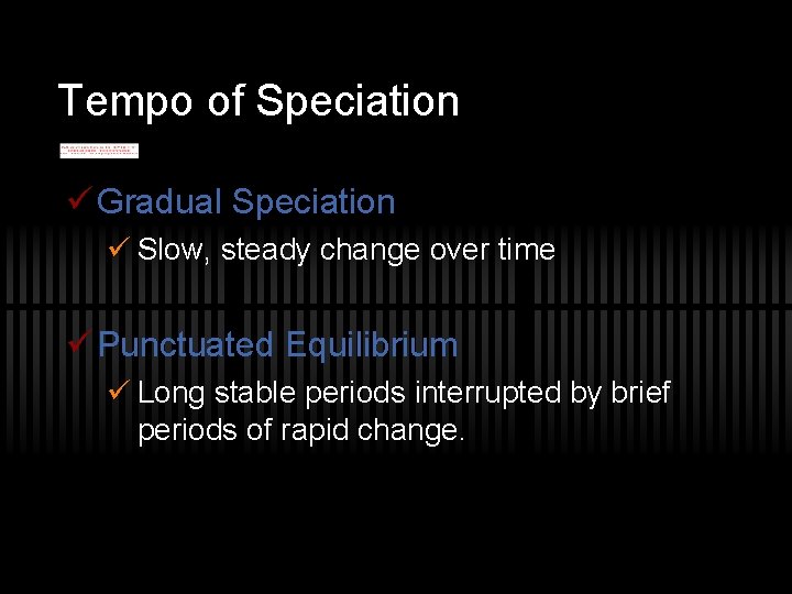 Tempo of Speciation ü Gradual Speciation ü Slow, steady change over time ü Punctuated