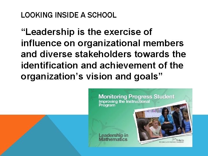 LOOKING INSIDE A SCHOOL “Leadership is the exercise of influence on organizational members and