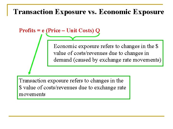 Transaction Exposure vs. Economic Exposure Profits = e (Price – Unit Costs) Q Economic