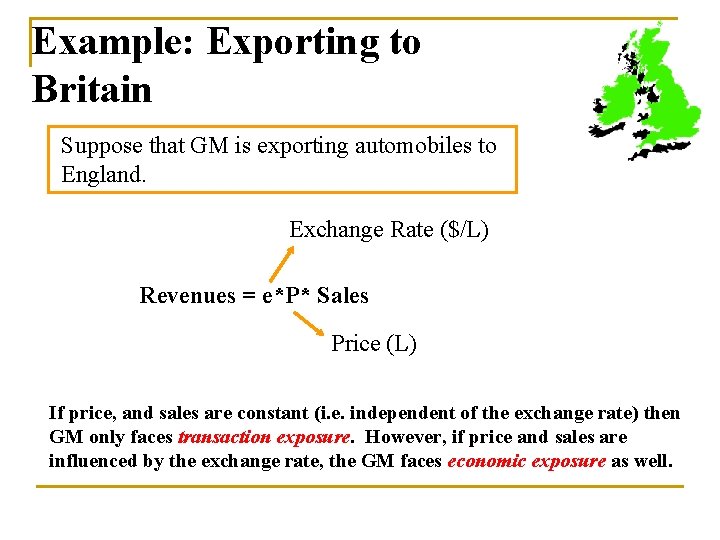 Example: Exporting to Britain Suppose that GM is exporting automobiles to England. Exchange Rate