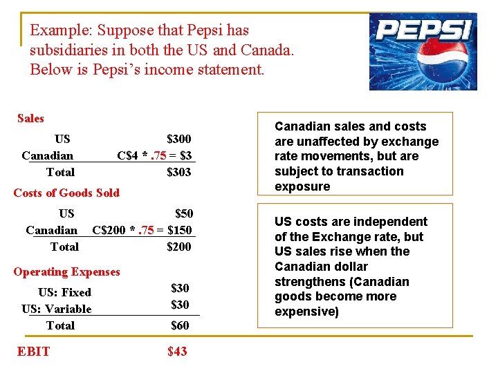 Example: Suppose that Pepsi has subsidiaries in both the US and Canada. Below is