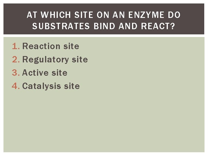 AT WHICH SITE ON AN ENZYME DO SUBSTRATES BIND AND REACT? 1. Reaction site AT WHICH SITE ON AN ENZYME DO SUBSTRATES BIND AND REACT? 1. Reaction site