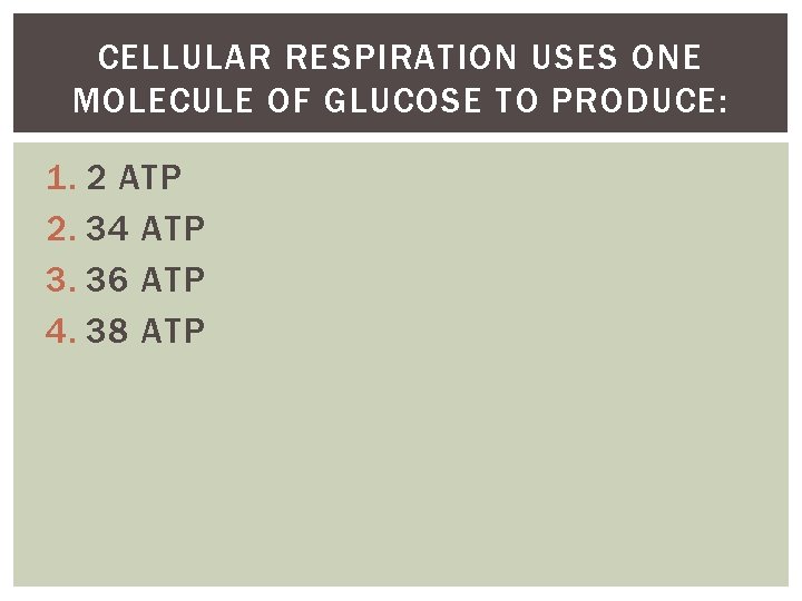 CELLULAR RESPIRATION USES ONE MOLECULE OF GLUCOSE TO PRODUCE: 1. 2 ATP 2. 34 CELLULAR RESPIRATION USES ONE MOLECULE OF GLUCOSE TO PRODUCE: 1. 2 ATP 2. 34