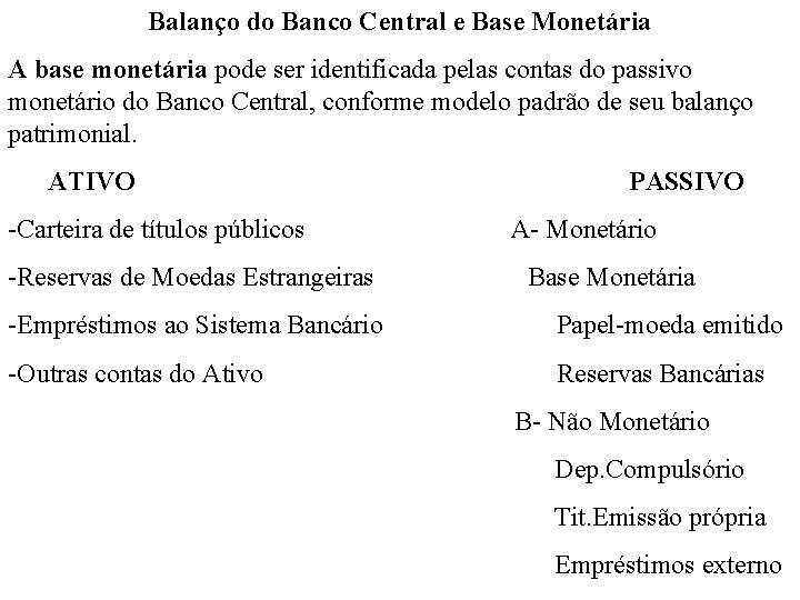 Balanço do Banco Central e Base Monetária A base monetária pode ser identificada pelas