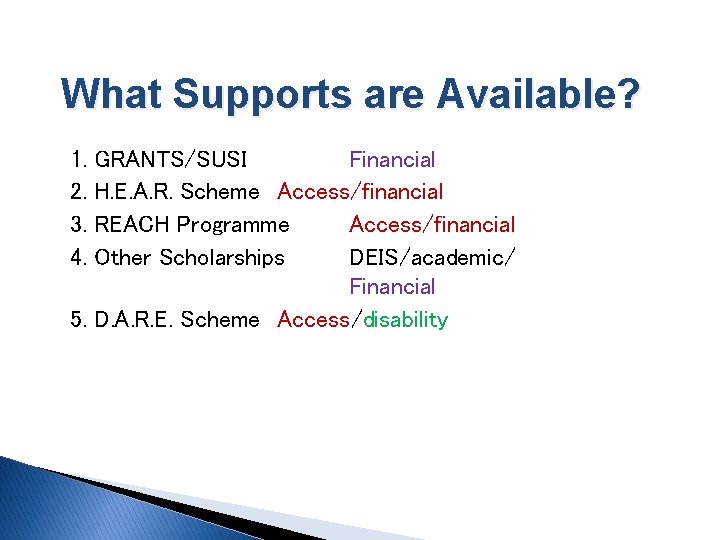 What Supports are Available? 1. 2. 3. 4. GRANTS/SUSI Financial H. E. A. R.