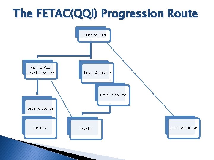 The FETAC(QQI) Progression Route Leaving Cert FETAC(PLC) Level 5 course Level 6 course Level