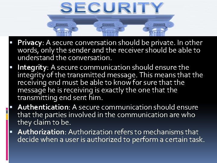  Privacy: A secure conversation should be private. In other words, only the sender