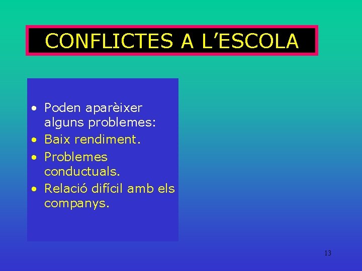 CONFLICTES A L’ESCOLA • Poden aparèixer alguns problemes: • Baix rendiment. • Problemes conductuals.