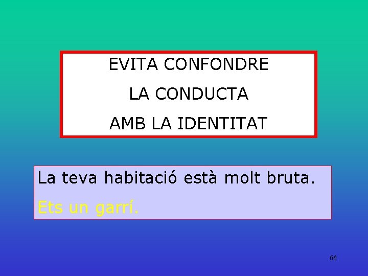 EVITA CONFONDRE LA CONDUCTA AMB LA IDENTITAT La teva habitació està molt bruta. Ets