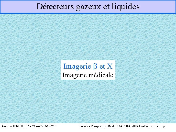 Détecteurs gazeux et liquides Imagerie b et X Imagerie médicale Andrea JEREMIE LAPP-IN 2