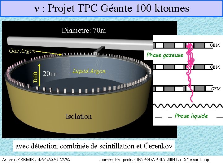 n : Projet TPC Géante 100 ktonnes Diamètre: 70 m GEM Drift Gas Argon