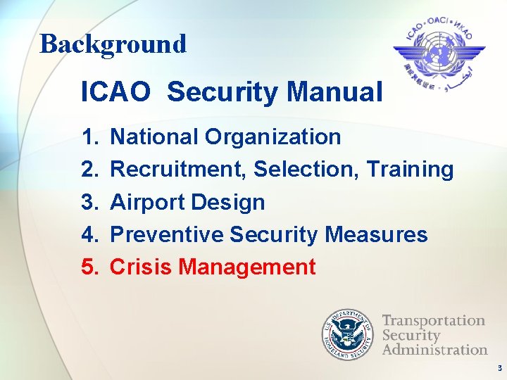 Background ICAO Security Manual 1. 2. 3. 4. 5. National Organization Recruitment, Selection, Training