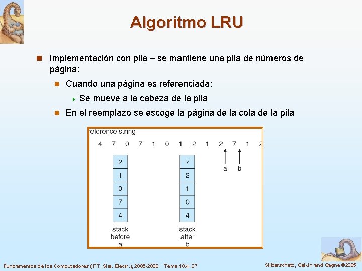 Algoritmo LRU n Implementación con pila – se mantiene una pila de números de