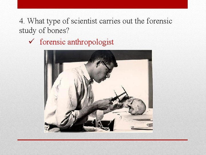 4. What type of scientist carries out the forensic study of bones? ü forensic