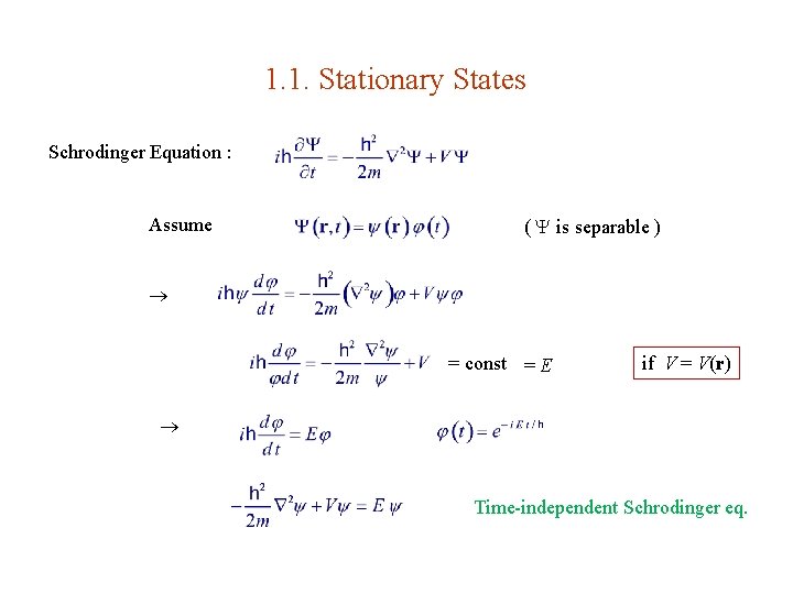 1. 1. Stationary States Schrodinger Equation : Assume ( is separable ) = const
