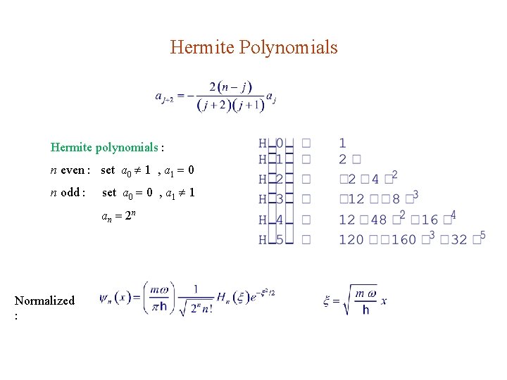 Hermite Polynomials Hermite polynomials : n even : set a 0 1 , a