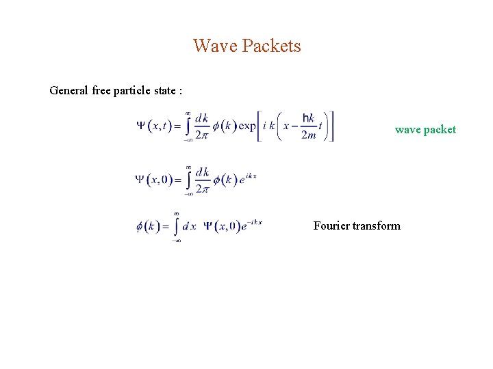 Wave Packets General free particle state : wave packet Fourier transform 