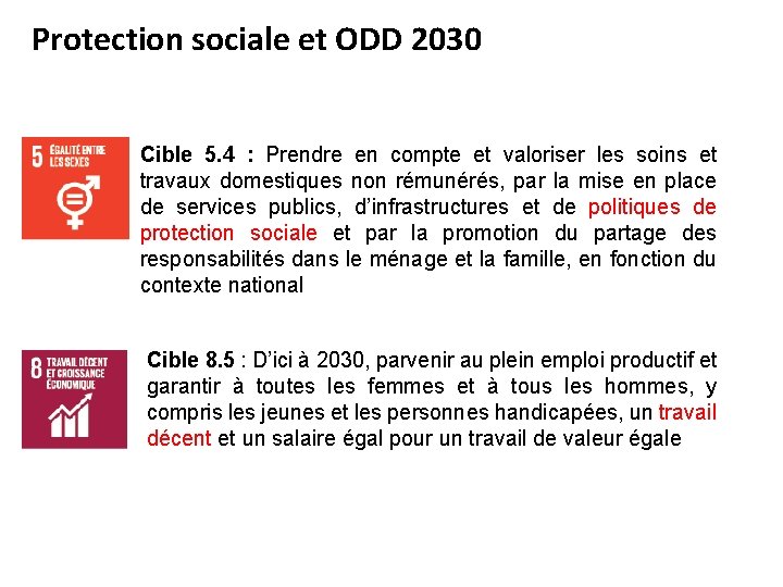 Protection sociale et ODD 2030 Cible 5. 4 : Prendre en compte et valoriser