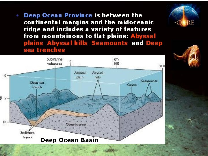  • Deep Ocean Province is between the continental margins and the midoceanic ridge