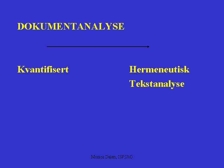 DOKUMENTANALYSE Kvantifisert Hermeneutisk Tekstanalyse Monica Dalen, ISP, Ui. O 