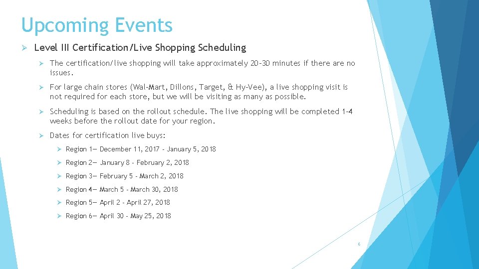 Upcoming Events Ø Level III Certification/Live Shopping Scheduling Ø The certification/live shopping will take