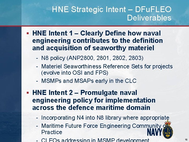 HNE Strategic Intent – DFu. FLEO Deliverables § HNE Intent 1 – Clearly Define