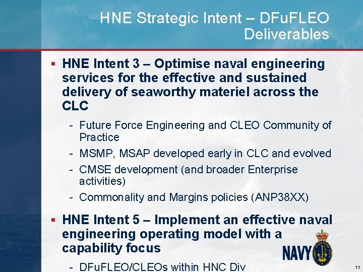 HNE Strategic Intent – DFu. FLEO Deliverables § HNE Intent 3 – Optimise naval