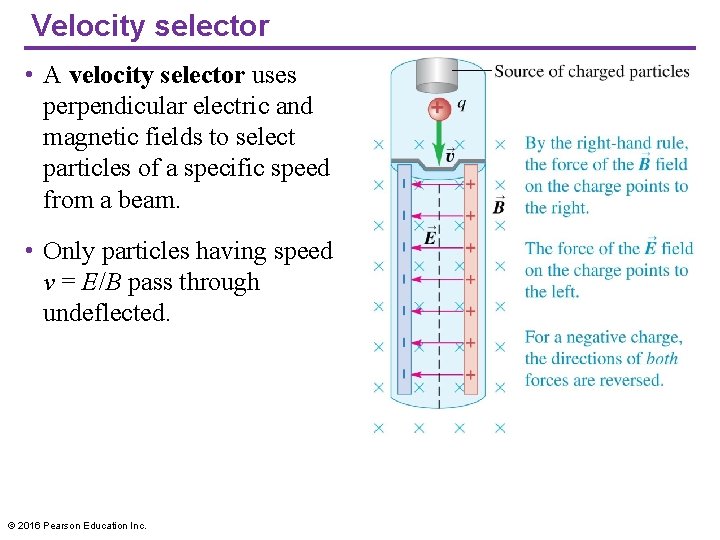 Velocity selector • A velocity selector uses perpendicular electric and magnetic fields to select