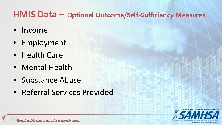HMIS Data – • • • Optional Outcome/Self-Sufficiency Measures Income Employment Health Care Mental HMIS Data – • • • Optional Outcome/Self-Sufficiency Measures Income Employment Health Care Mental