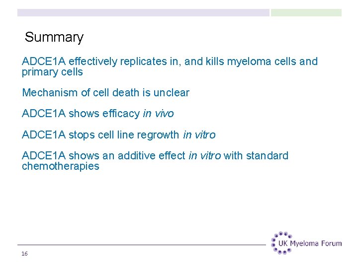 Summary ADCE 1 A effectively replicates in, and kills myeloma cells and primary cells