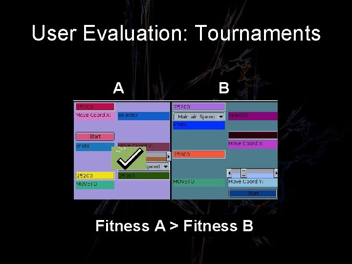 User Evaluation: Tournaments A B Fitness A > Fitness B 