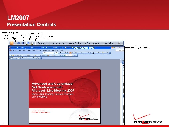 LM 2007 Presentation Controls End sharing and Return to Live Meeting Pause Give Control