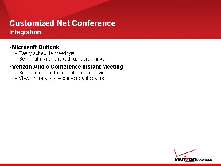 Customized Net Conference Integration • Microsoft Outlook – Easily schedule meetings – Send out