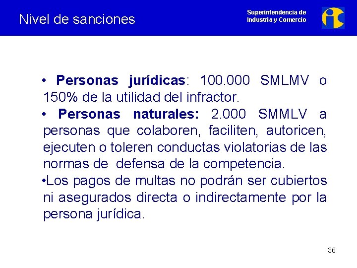 Nivel de sanciones Superintendencia de Industria y Comercio • Personas jurídicas: 100. 000 SMLMV