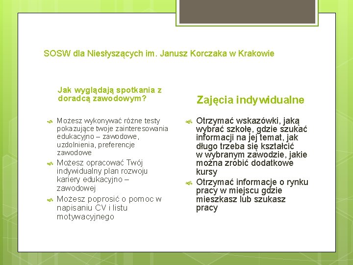 SOSW dla Niesłyszących im. Janusz Korczaka w Krakowie Jak wyglądają spotkania z doradcą zawodowym?