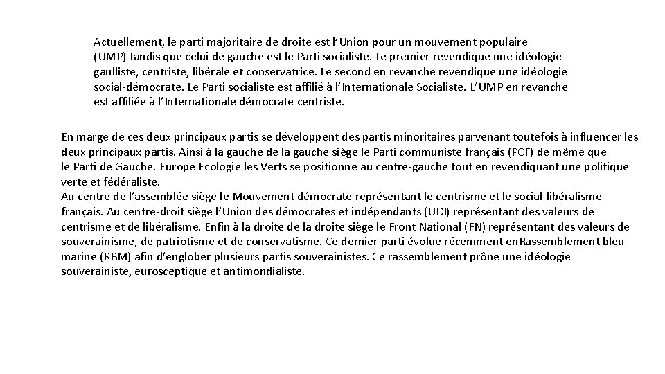 Actuellement, le parti majoritaire de droite est l’Union pour un mouvement populaire (UMP) tandis