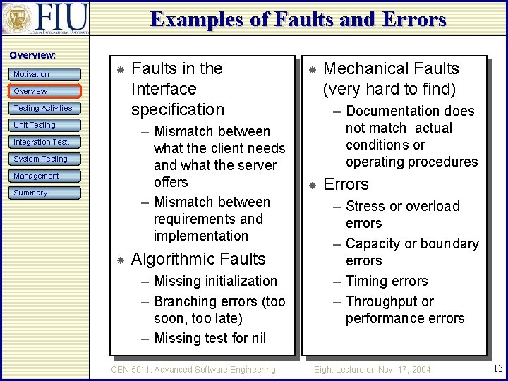 Examples of Faults and Errors Overview: Motivation Overview Testing Activities Unit Testing Faults in