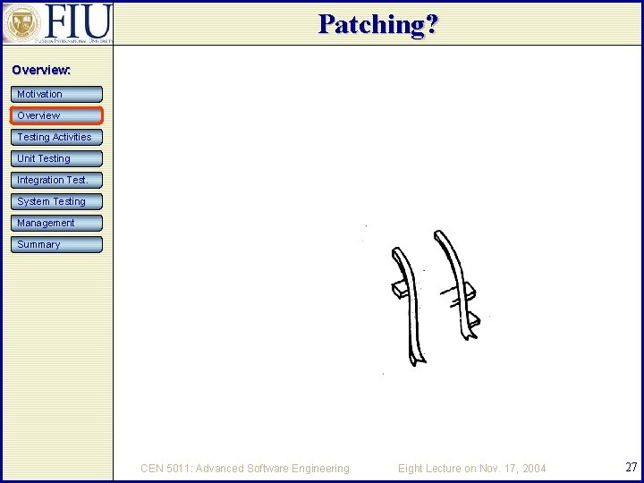 Patching? Overview: Motivation Overview Testing Activities Unit Testing Integration Test. System Testing Management Summary