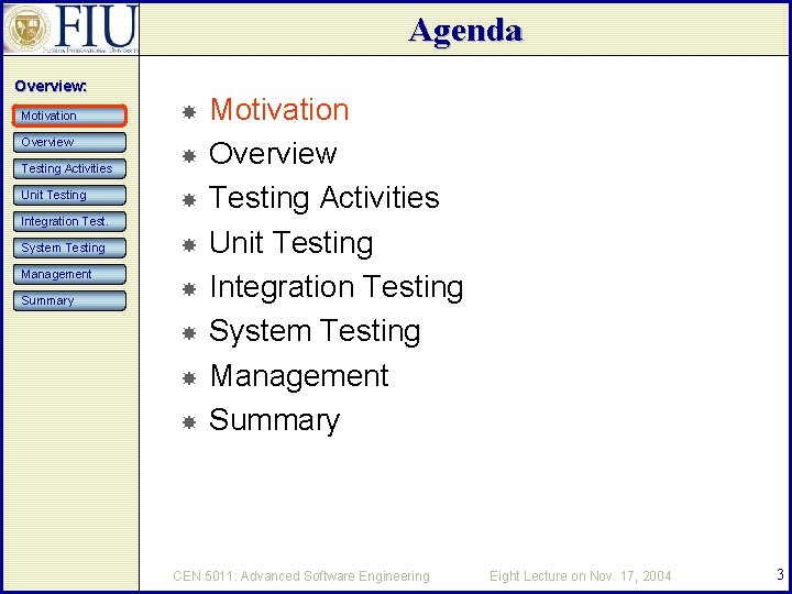Agenda Overview: Motivation Overview Testing Activities Unit Testing Integration Test. System Testing Management Summary