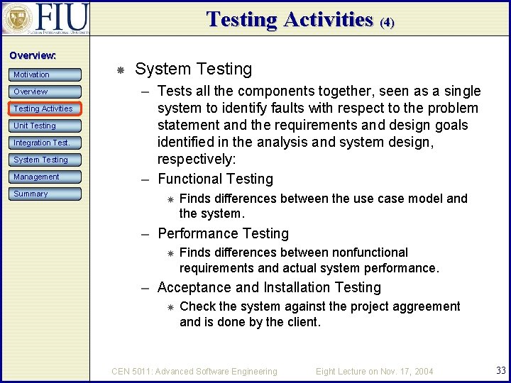Testing Activities (4) Overview: Motivation Overview Testing Activities Unit Testing Integration Test. System Testing