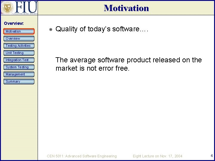 Motivation Overview: Motivation Quality of today’s software…. Overview Testing Activities Unit Testing Integration Test.