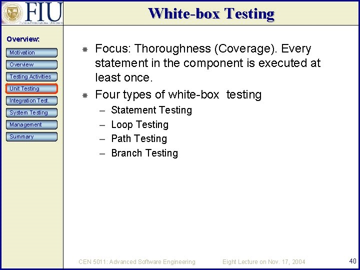 White-box Testing Overview: Motivation Overview Testing Activities Unit Testing Integration Test. System Testing Management