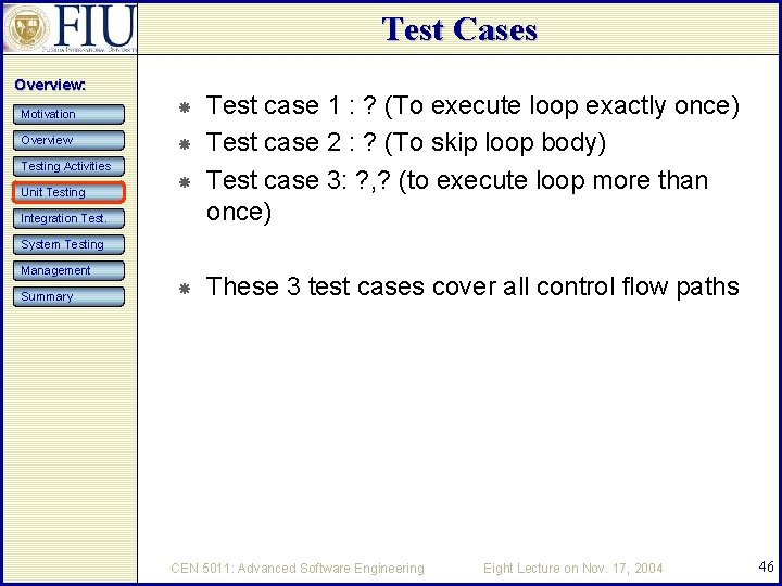 Test Cases Overview: Motivation Overview Testing Activities Unit Testing Integration Test case 1 :