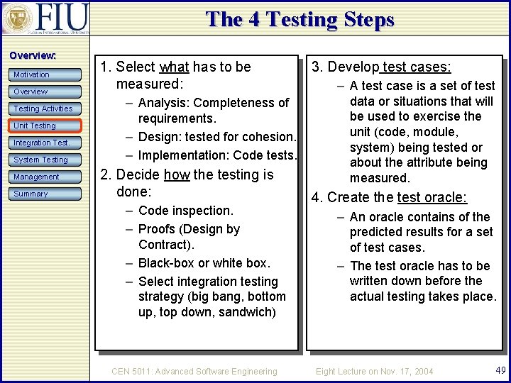 The 4 Testing Steps Overview: Motivation Overview Testing Activities Unit Testing Integration Test. System
