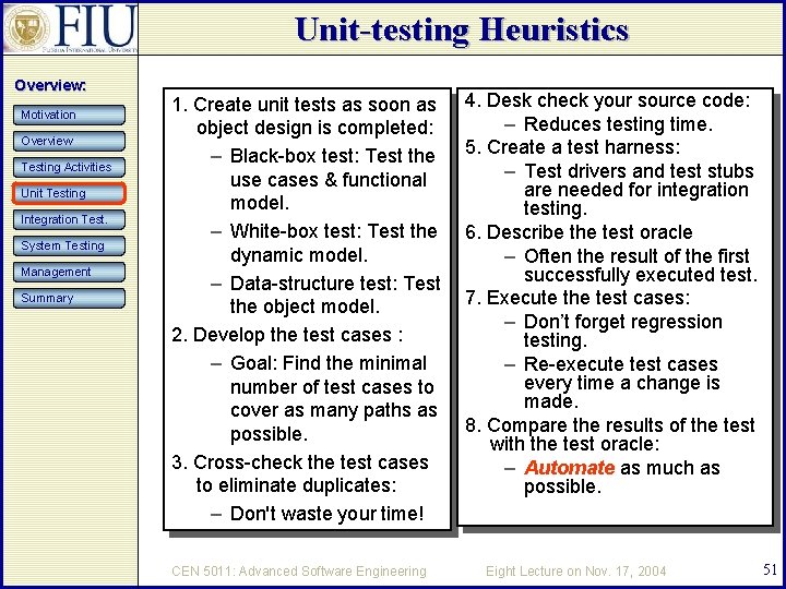 Unit-testing Heuristics Overview: Motivation Overview Testing Activities Unit Testing Integration Test. System Testing Management