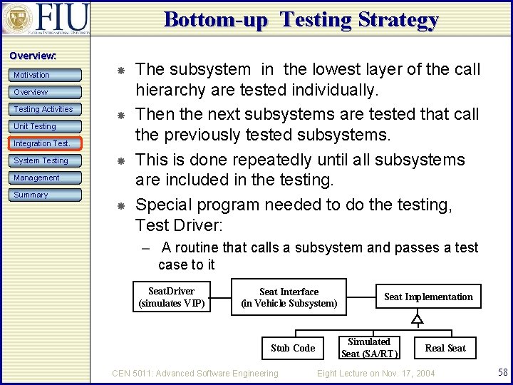 Bottom-up Testing Strategy Overview: Motivation Overview Testing Activities Unit Testing Integration Test. System Testing