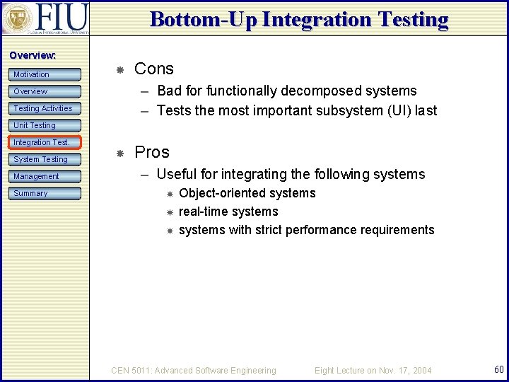 Bottom-Up Integration Testing Overview: Motivation Cons – Bad for functionally decomposed systems – Tests