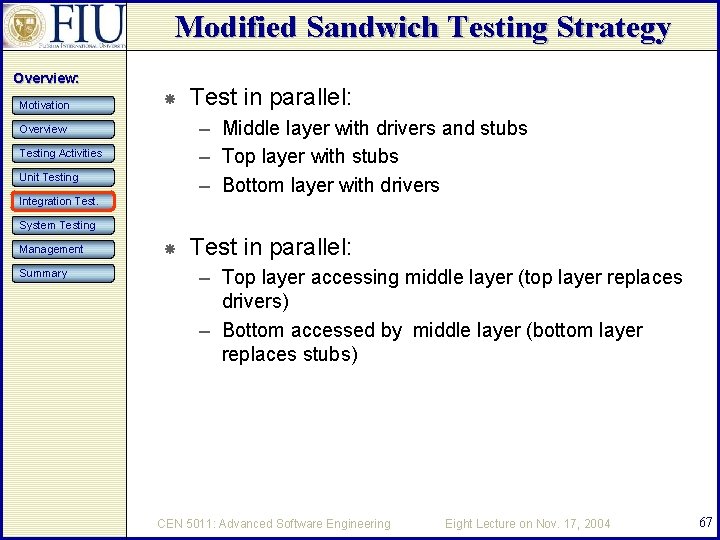 Modified Sandwich Testing Strategy Overview: Motivation Test in parallel: – Middle layer with drivers